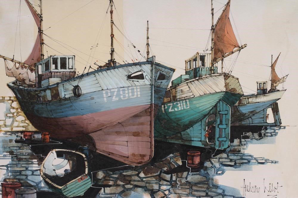 ANTHONY LITNI (20th century), Fishing Boats in Dry Dock, oil on canvas, signed and dated (19)75, 30" Image