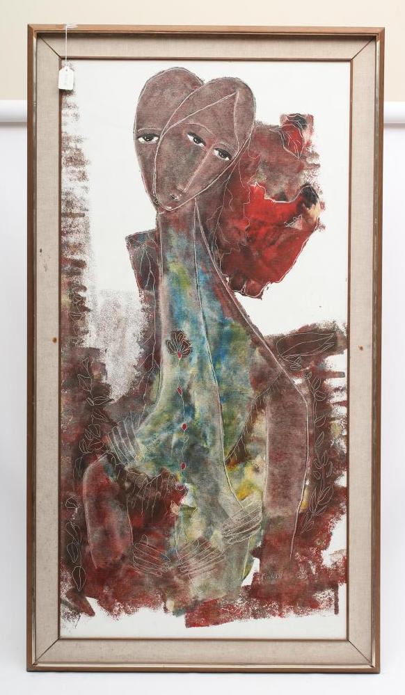 HAROLD C KIMBALL (American, b.1929) Two Figures, oil on canvas, signed, 48" x 24", framed (Est. plus Image