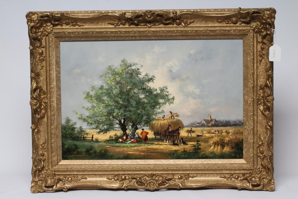 GUDRUN SIBBONS (German 1925-2000) "Gathering The Harvest", oil on canvas, signed, 14" x 21", gilt Image