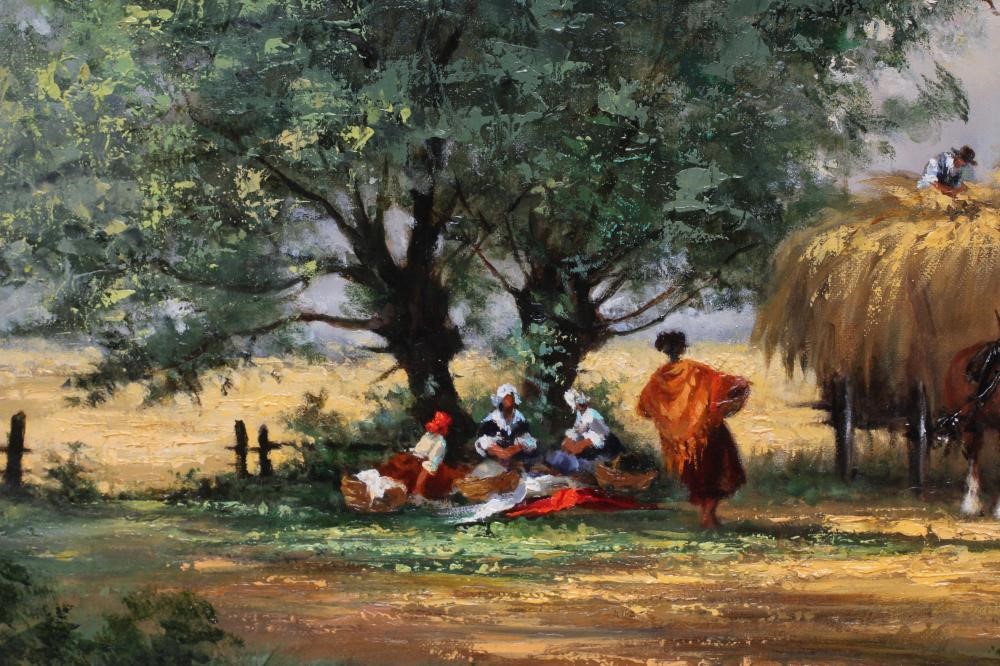 GUDRUN SIBBONS (German 1925-2000) "Gathering The Harvest", oil on canvas, signed, 14" x 21", gilt Image