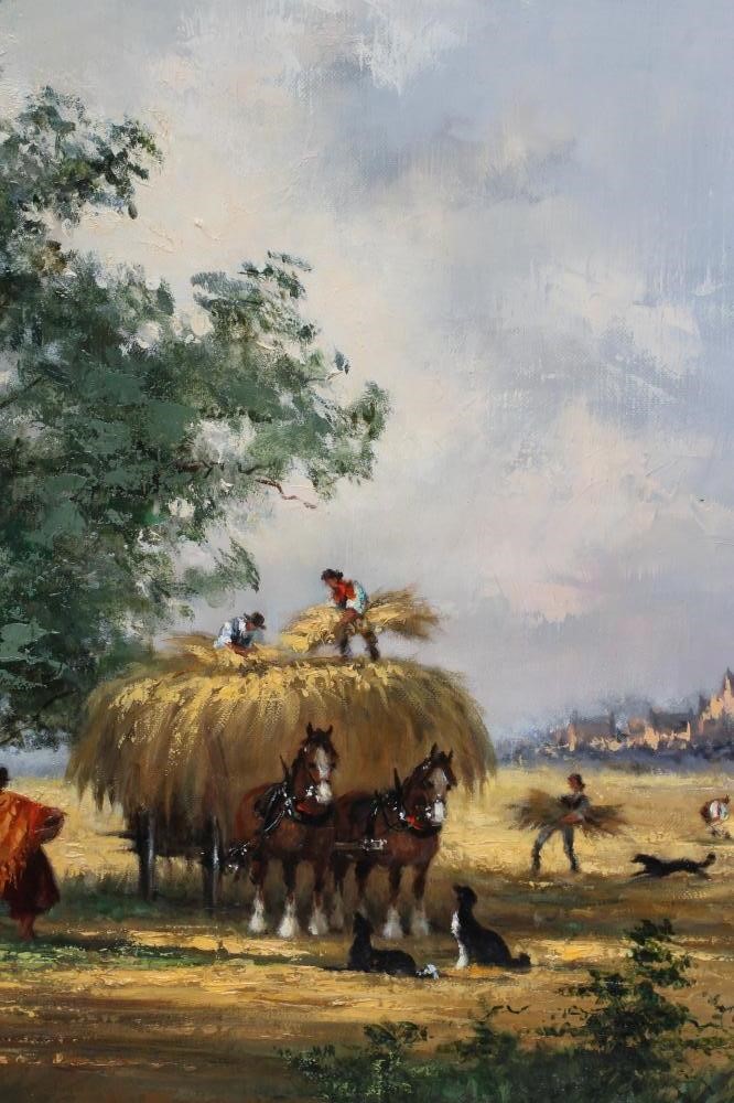 GUDRUN SIBBONS (German 1925-2000) "Gathering The Harvest", oil on canvas, signed, 14" x 21", gilt Image