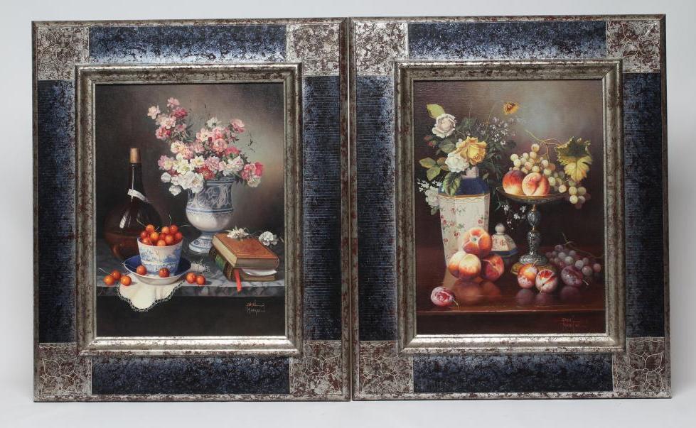 PAUL MORGAN (b.1940) Still Life with Fruit and Flowers, a pair, oil on board, signed, 16" x 12", Image
