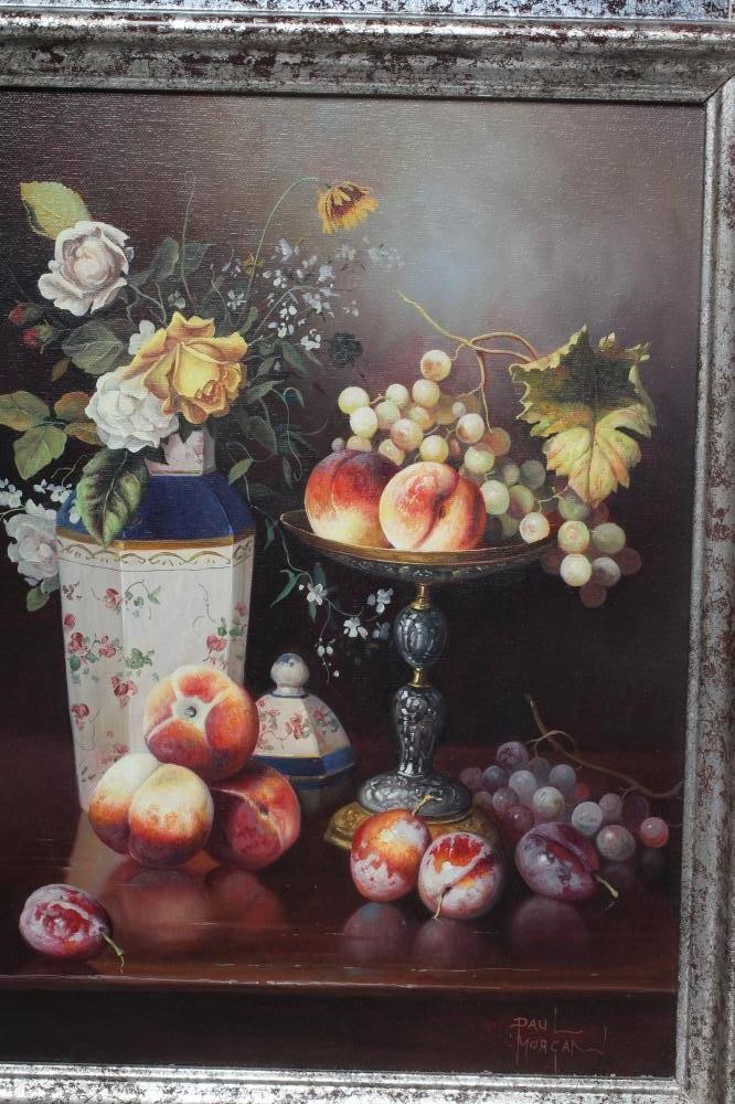 PAUL MORGAN (b.1940) Still Life with Fruit and Flowers, a pair, oil on board, signed, 16" x 12", Image