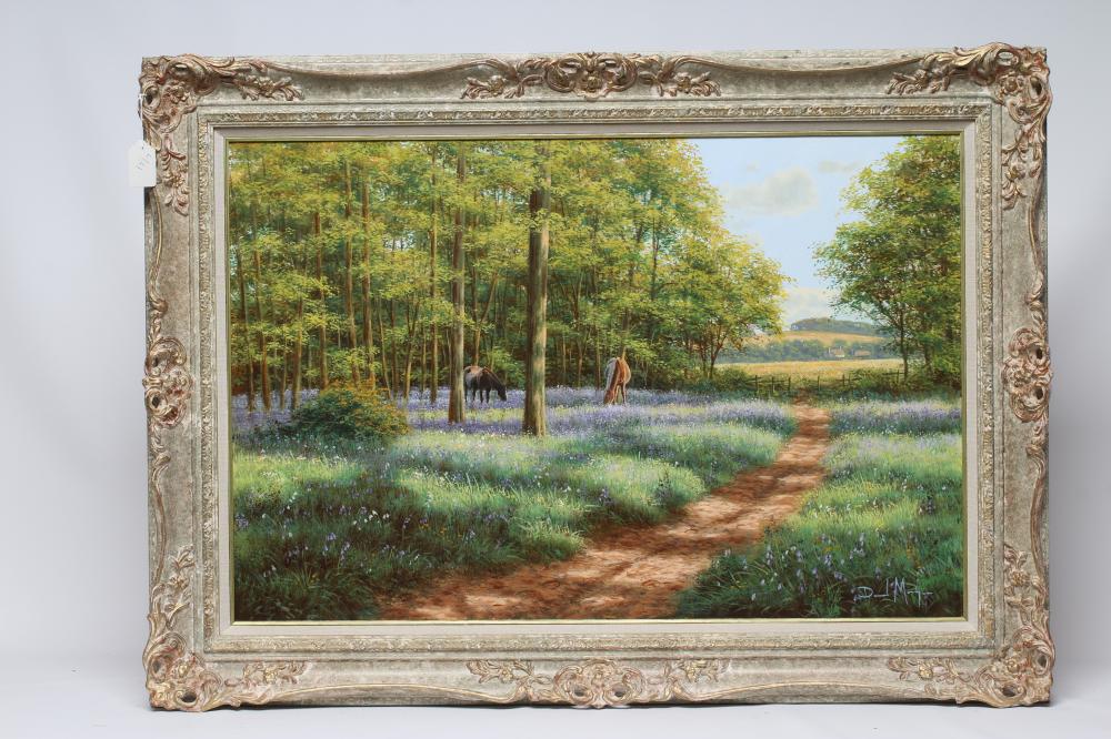 DAVID MORGAN (b.1947) "Horses and Bluebells", oil on canvas, signed, 20" x 30", framed (subject to Image