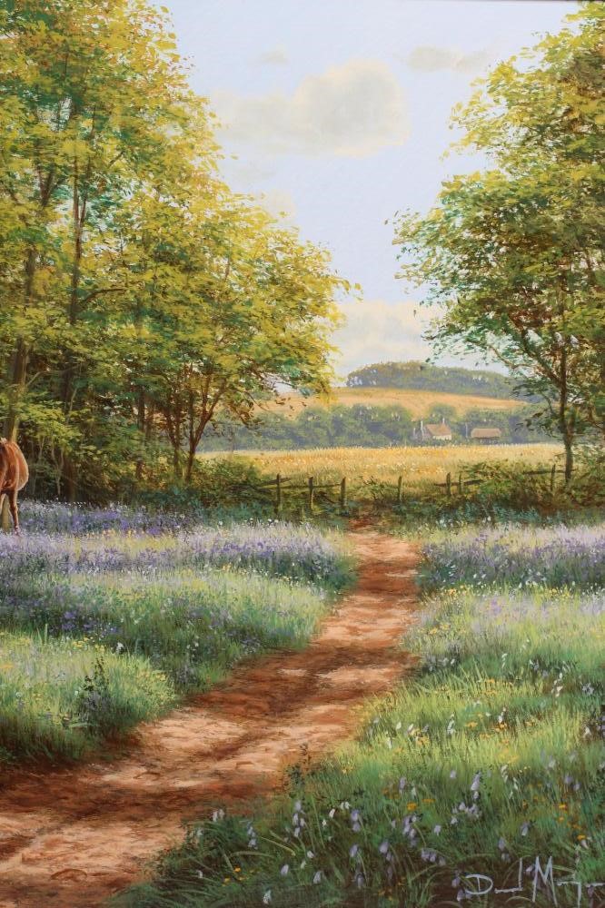 DAVID MORGAN (b.1947) "Horses and Bluebells", oil on canvas, signed, 20" x 30", framed (subject to Image