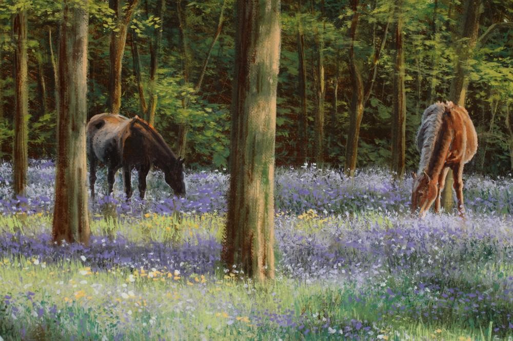 DAVID MORGAN (b.1947) "Horses and Bluebells", oil on canvas, signed, 20" x 30", framed (subject to Image