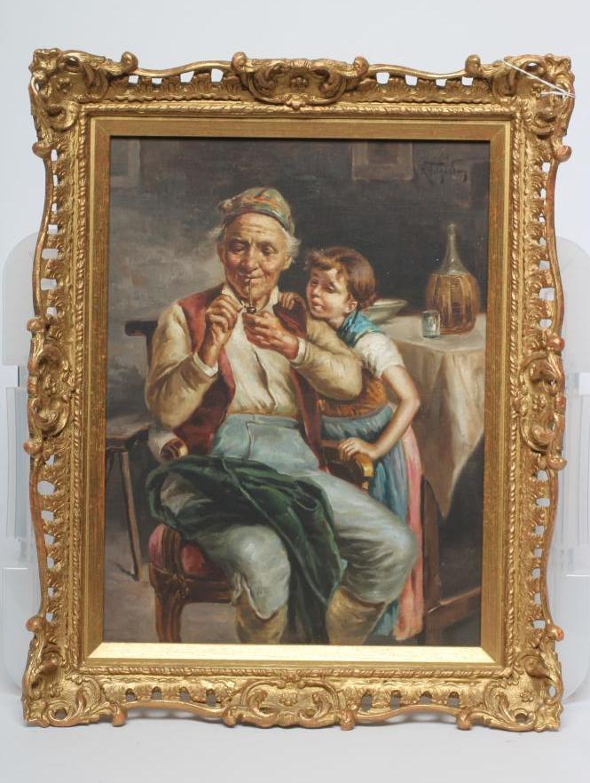 R. FUGARIO (Italian 19th century) Time for a Smoke, oil on panel, signed, 16 1/4" x 12 1/4", gilt Image