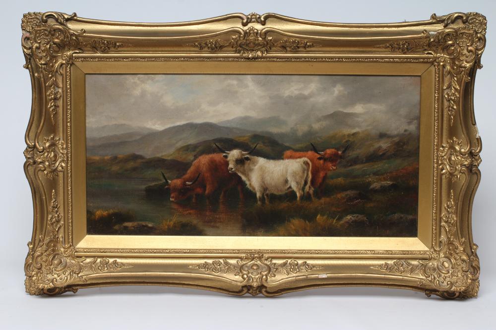 J HENRY (19th century) Highland Cattle Watering, oil on canvas, signed, 10" x 20", swept gilt gesso Image