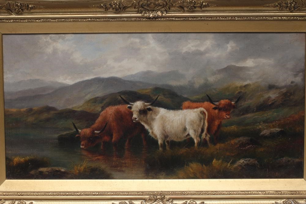 J HENRY (19th century) Highland Cattle Watering, oil on canvas, signed, 10" x 20", swept gilt gesso Image