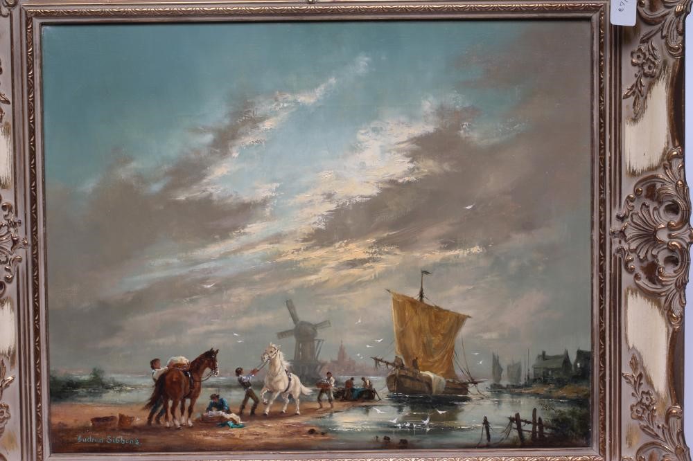 GUDRUN SIBBONS (German 1925-2000) Unloading the Catch, oil on canvas, signed, 16" x 20", gilt frame Image