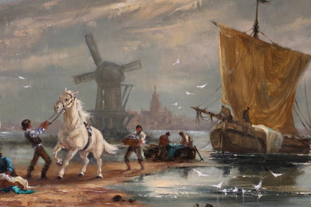 GUDRUN SIBBONS (German 1925-2000) Unloading the Catch, oil on canvas, signed, 16" x 20", gilt frame Image