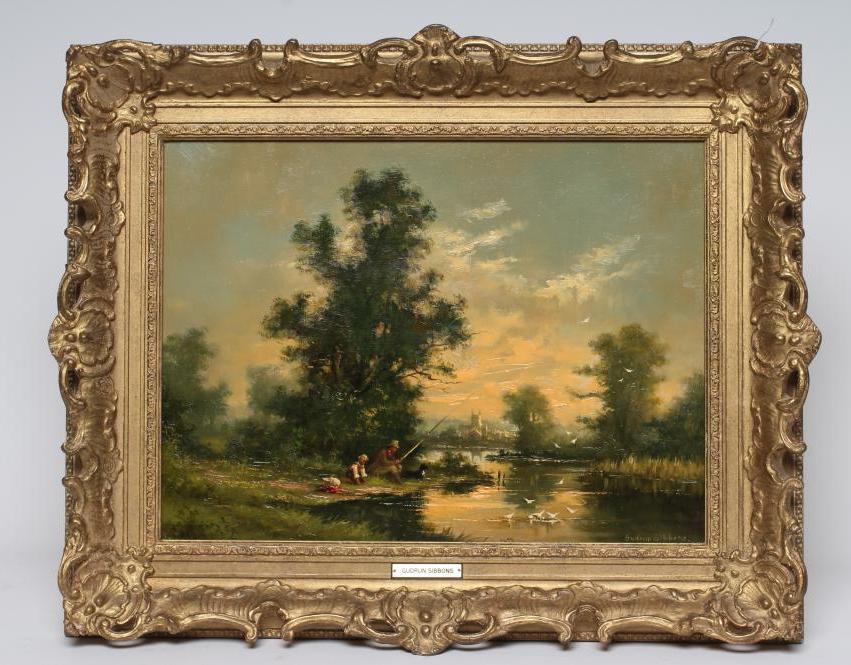 GUDRUN SIBBONS (German 1925-2000) Riverscene with Fisherman, oil on canvas, signed, 12" x 15 3/4", Image