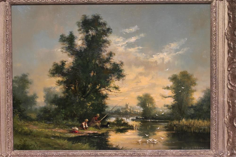 GUDRUN SIBBONS (German 1925-2000) Riverscene with Fisherman, oil on canvas, signed, 12" x 15 3/4", Image