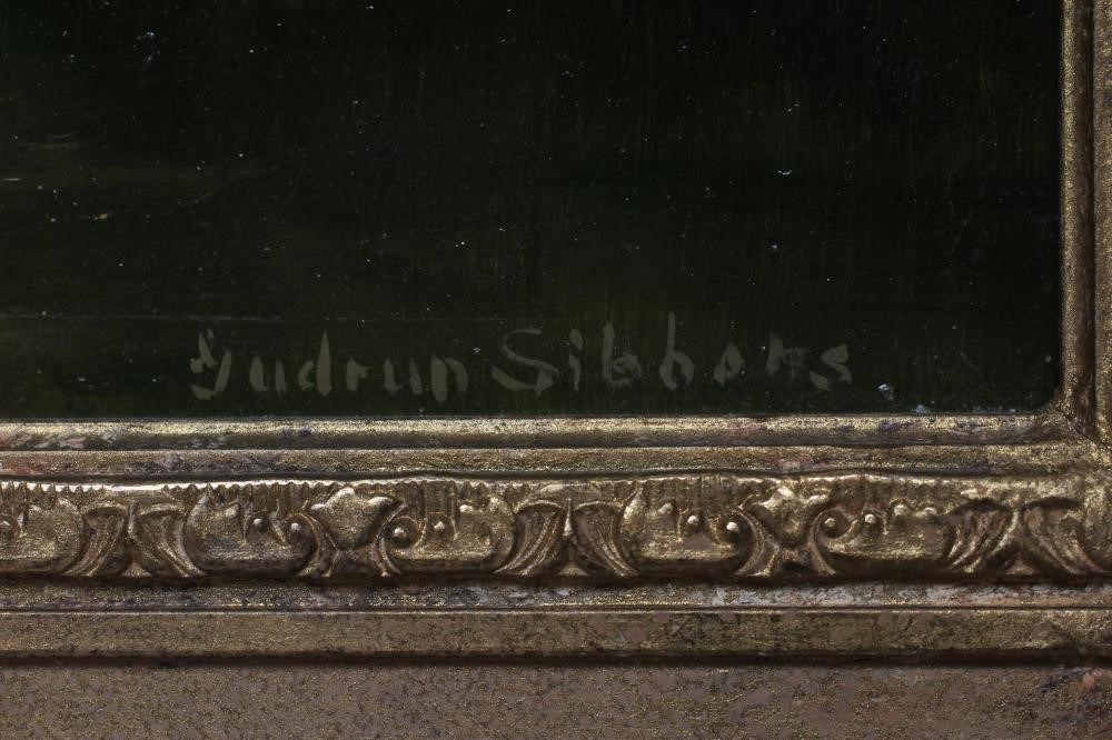 GUDRUN SIBBONS (German 1925-2000) Riverscene with Fisherman, oil on canvas, signed, 12" x 15 3/4", Image