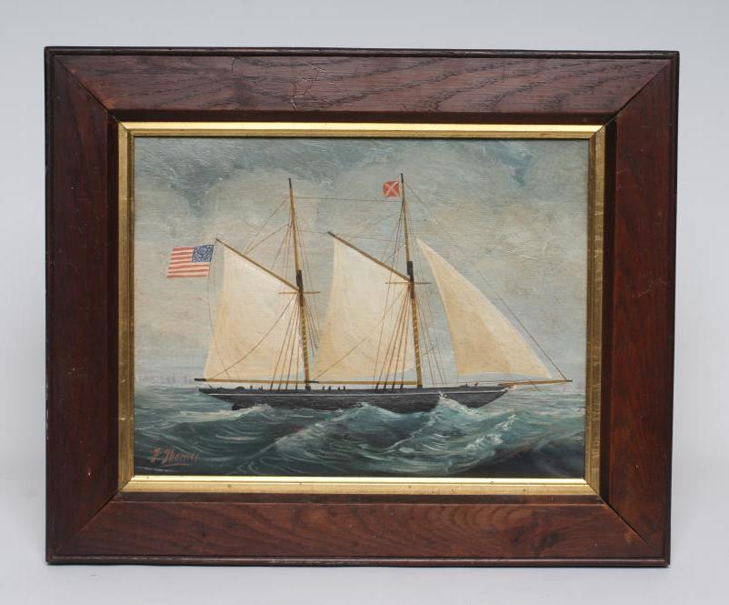 AMERICAN PRIMITIVE SCHOOL (19th century) Portrait of a Twin Masted Ship, oil on board, signed F. Image