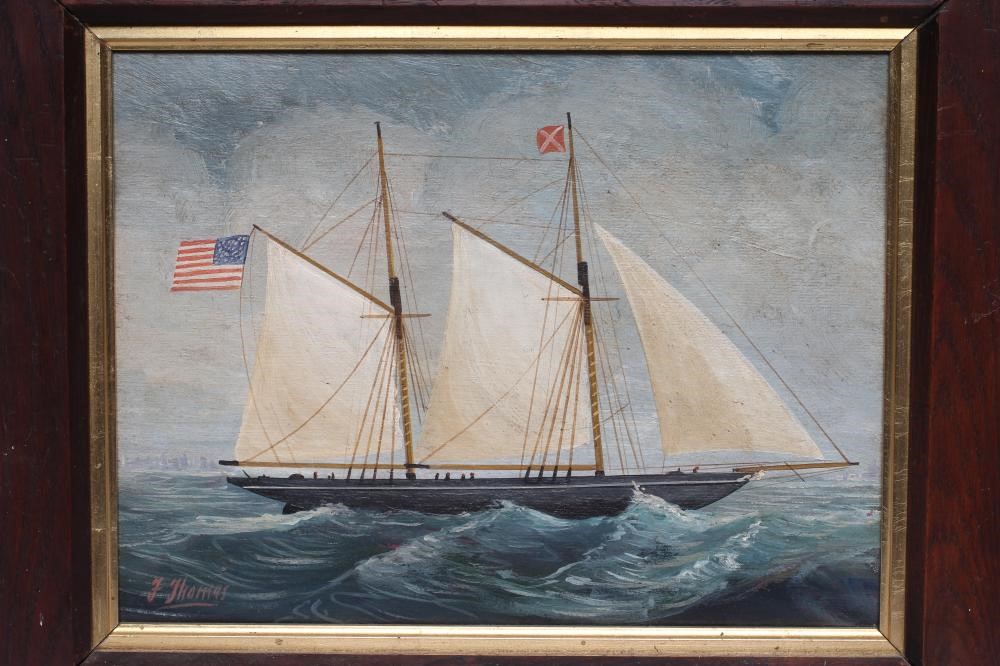 AMERICAN PRIMITIVE SCHOOL (19th century) Portrait of a Twin Masted Ship, oil on board, signed F. Image