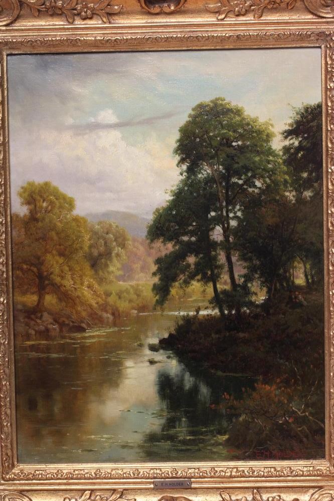 EDWARD HENRY HOLDER (1847-1922) Riverscene, oil on canvas, signed, 17" x 13", gilt gesso frame (Est. Image