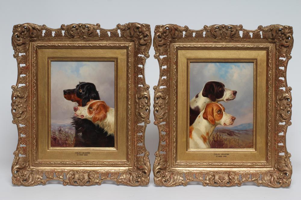 COLIN GRAEME ROE (1855-1910) Gundogs, a pair, oil on board, signed Colin Graeme, 8 1/4" x 6", swept Image