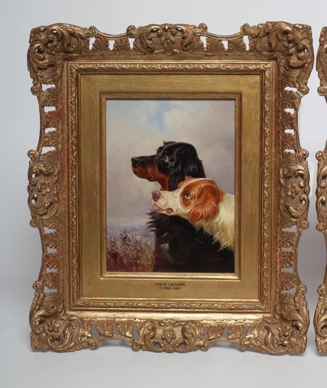 COLIN GRAEME ROE (1855-1910) Gundogs, a pair, oil on board, signed Colin Graeme, 8 1/4" x 6", swept Image