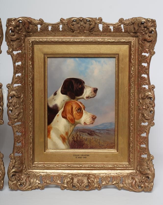 COLIN GRAEME ROE (1855-1910) Gundogs, a pair, oil on board, signed Colin Graeme, 8 1/4" x 6", swept Image