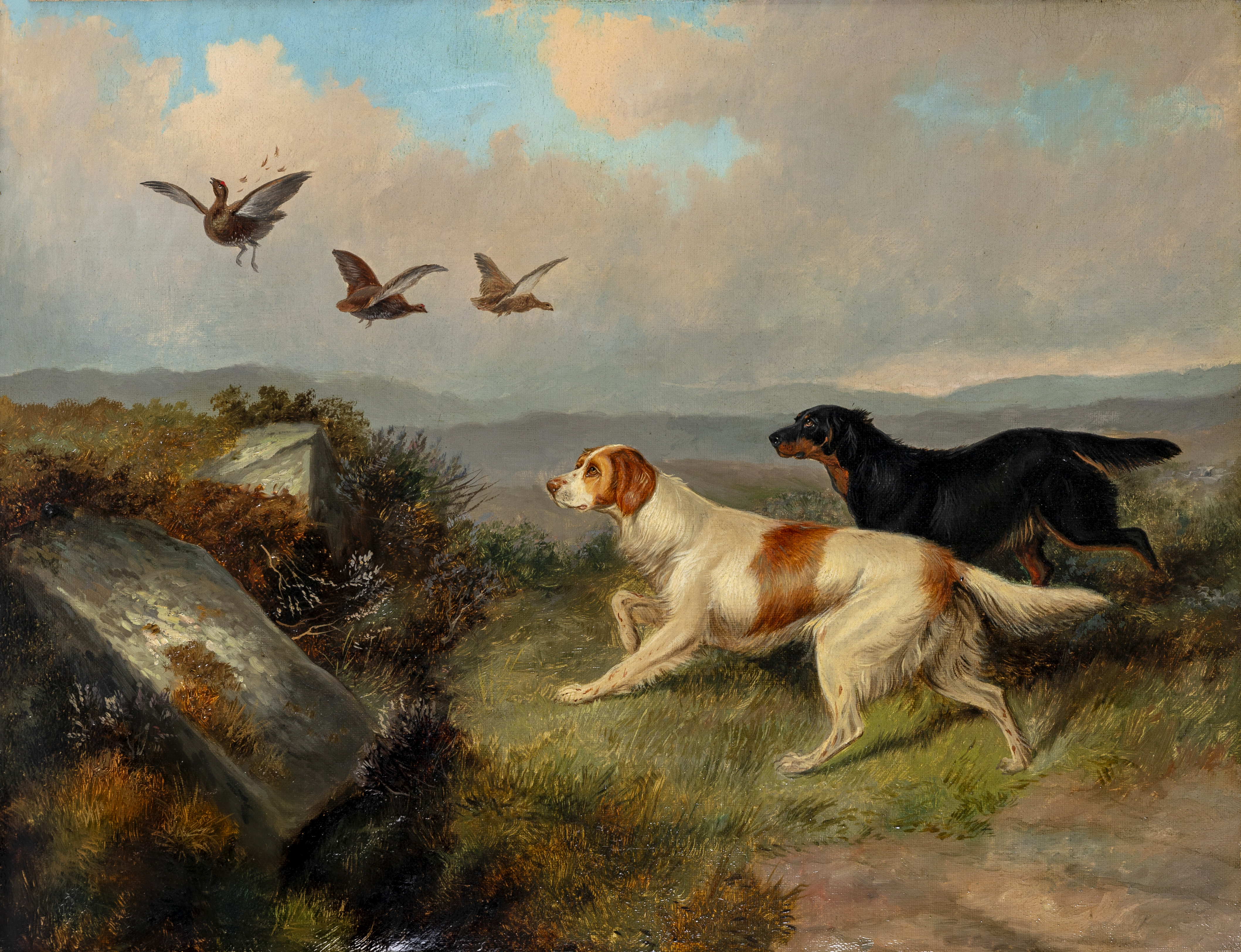 ATTRIBUTED TO COLIN GRAEME ROE (1855-1910) Retrievers Flushing Grouse, oil on canvas, unsigned, 17" Image