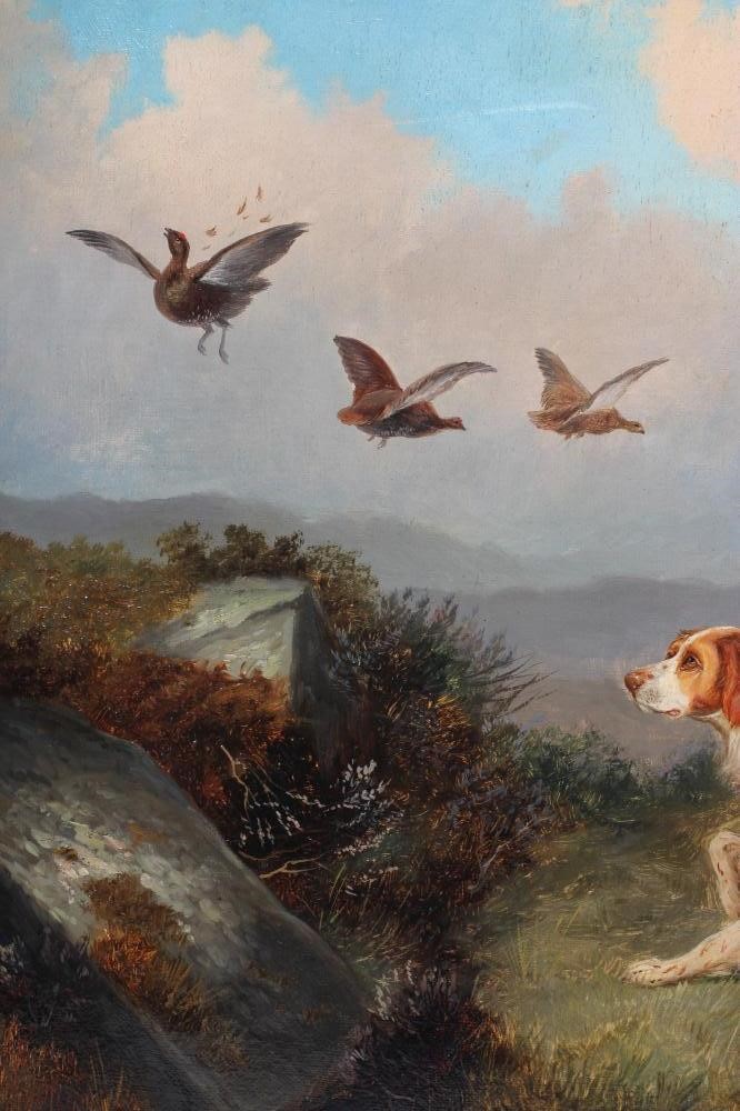 ATTRIBUTED TO COLIN GRAEME ROE (1855-1910) Retrievers Flushing Grouse, oil on canvas, unsigned, 17" Image