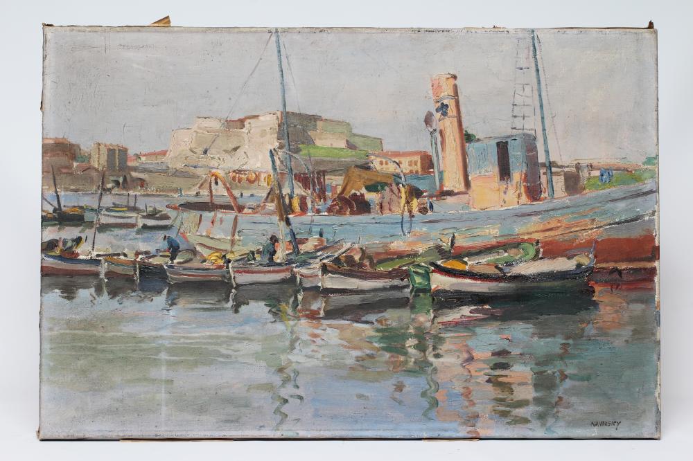 PHILIP NAVIASKY (1884-1983) Continental Harbour Scene, oil on canvas, signed, 20" x 30", unframed Image