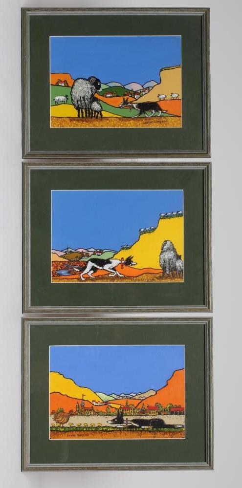 LESLIE SIMPSON (1930-2020) Sheepdog and Sheep, oil on board, set of three, signed, inscribed to Image