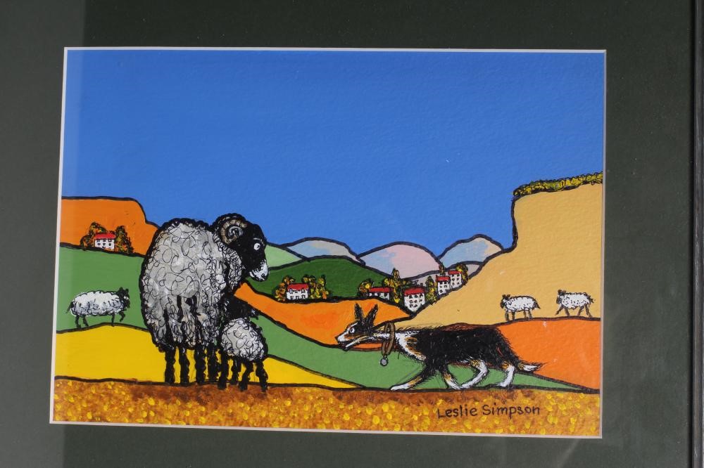 LESLIE SIMPSON (1930-2020) Sheepdog and Sheep, oil on board, set of three, signed, inscribed to Image