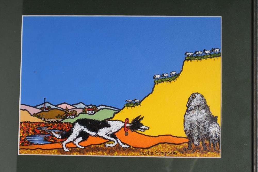 LESLIE SIMPSON (1930-2020) Sheepdog and Sheep, oil on board, set of three, signed, inscribed to Image