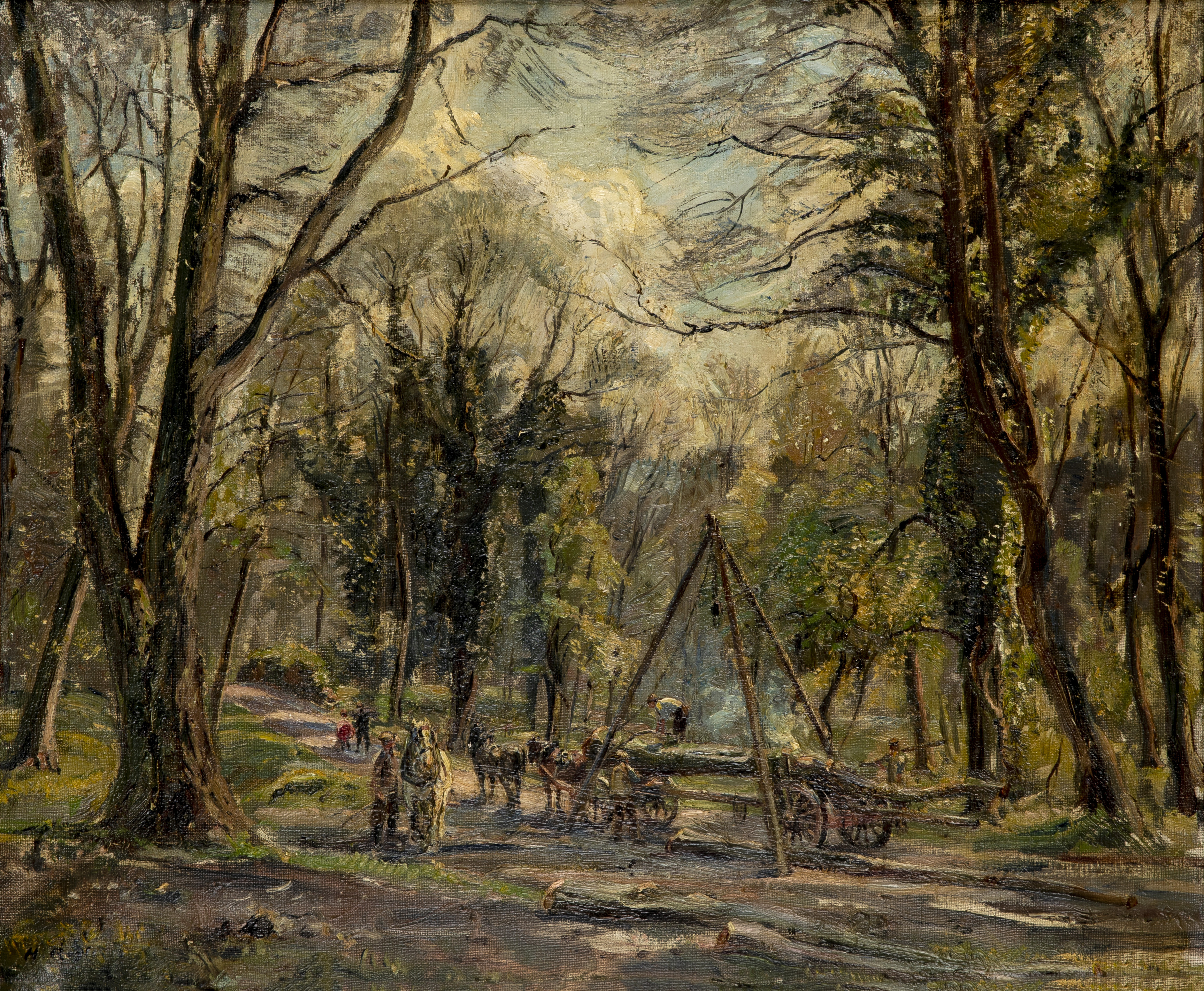 HERBERT F ROYLE (1870-1958) Logging Scene, oil on canvas, signed, 20" x 24", swept gilt gesso frame Image