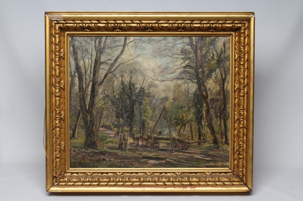 HERBERT F ROYLE (1870-1958) Logging Scene, oil on canvas, signed, 20" x 24", swept gilt gesso frame Image