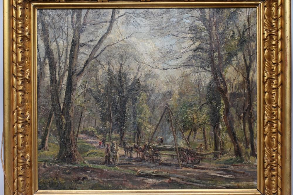 HERBERT F ROYLE (1870-1958) Logging Scene, oil on canvas, signed, 20" x 24", swept gilt gesso frame Image