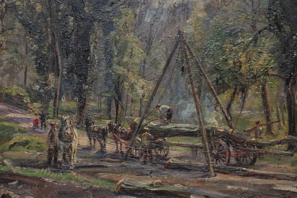 HERBERT F ROYLE (1870-1958) Logging Scene, oil on canvas, signed, 20" x 24", swept gilt gesso frame Image