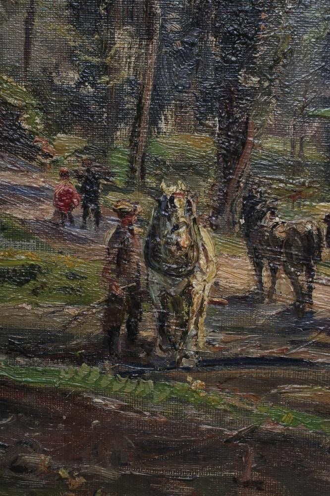 HERBERT F ROYLE (1870-1958) Logging Scene, oil on canvas, signed, 20" x 24", swept gilt gesso frame Image