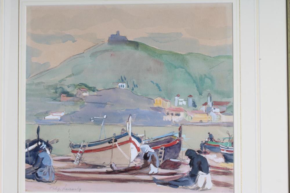 PHILIP NAVIASKY (1884-1983) Continental Beach Scene with Fisherfolk Mending Nets Image