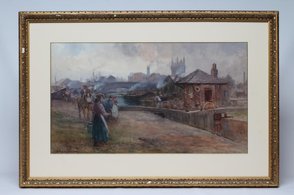 ARTHUR NETHERWOOD (1864-1930) "Aspley Dock Huddersfield", watercolour heightened with white, signed, Image