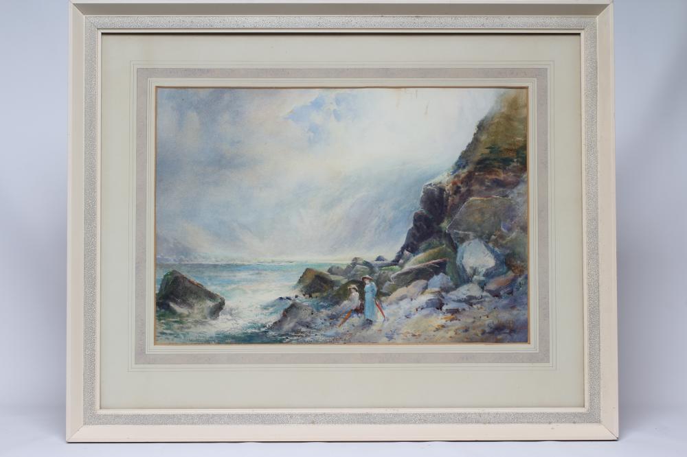 WILLIAM JOSEPH BOYES (1847-1935) Rocky Shore with Two Ladies, watercolour heightened with white, Image