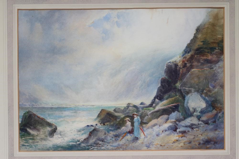 WILLIAM JOSEPH BOYES (1847-1935) Rocky Shore with Two Ladies, watercolour heightened with white, Image