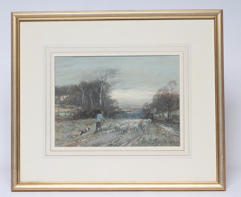 WILLIAM ASHTON (1853-1927) Winter Scene with Shepherd and Flock, gouache, signed, 9" x 12", gilt Image