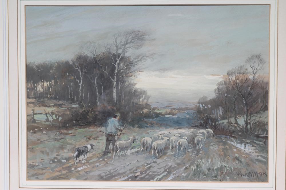 WILLIAM ASHTON (1853-1927) Winter Scene with Shepherd and Flock, gouache, signed, 9" x 12", gilt Image