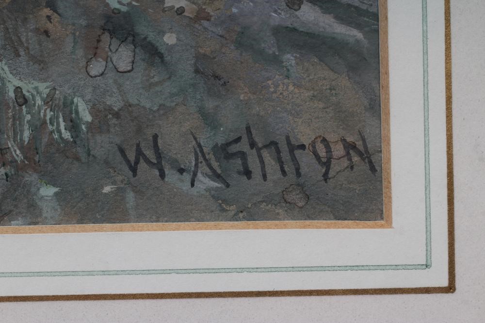 WILLIAM ASHTON (1853-1927) Winter Scene with Shepherd and Flock, gouache, signed, 9" x 12", gilt Image