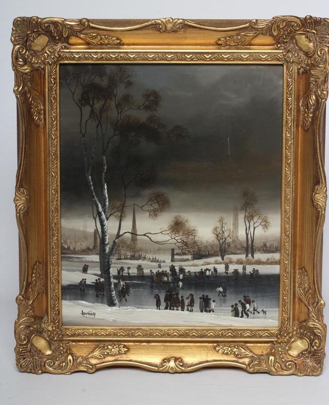 BRIAN SHIELDS "BRAAQ" (1951-1997) Industrial Town with Figures Skating in the Foreground Image