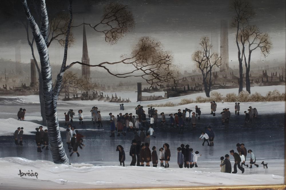 BRIAN SHIELDS "BRAAQ" (1951-1997) Industrial Town with Figures Skating in the Foreground Image