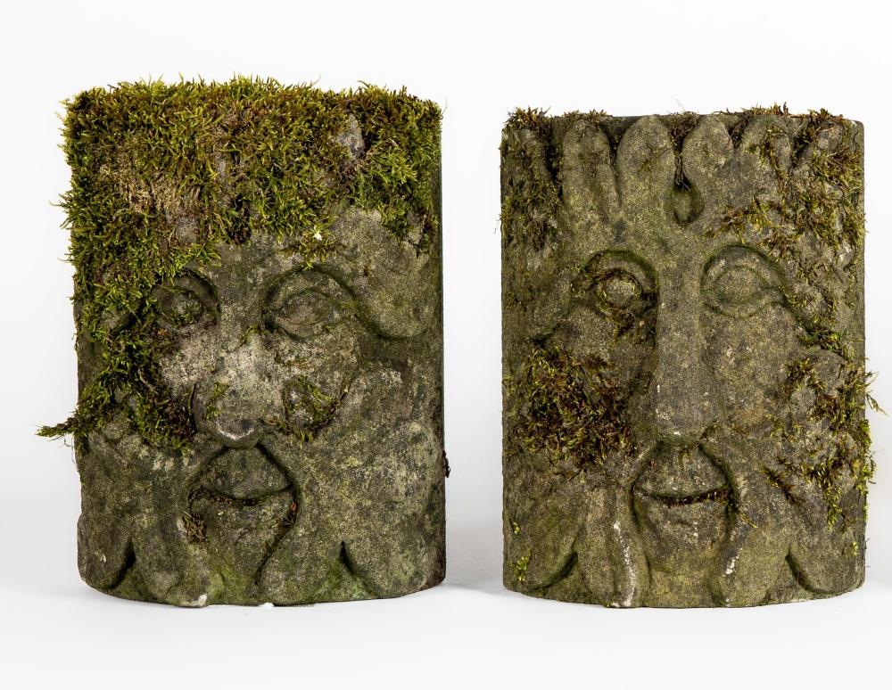 A PAIR OF CARVED SANDSTONE GREEN MAN WALL MASKS, c.1900, of bowed oblong form, realistically Image