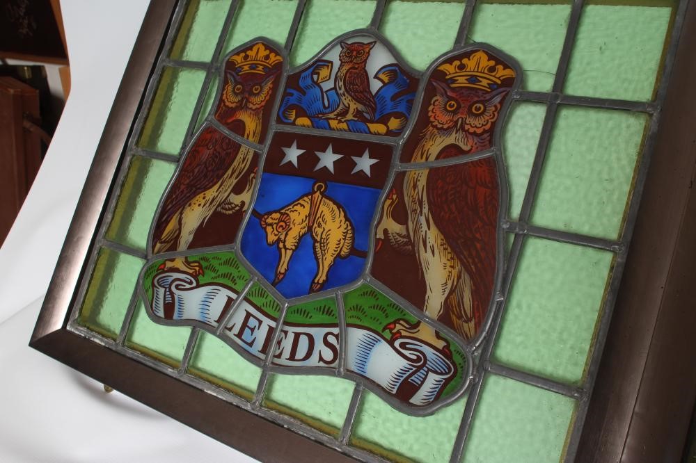 A STAINED GLASS PANEL DEPICTING THE ARMS OF THE CITY OF LEEDS Image