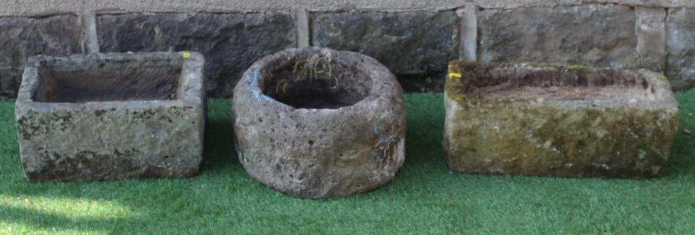 A SMALL SANDSTONE TROUGH, oblong, 21" X 10" X 6", together with another, 13 1/2" x 14 1/2" x 5 1/2", Image