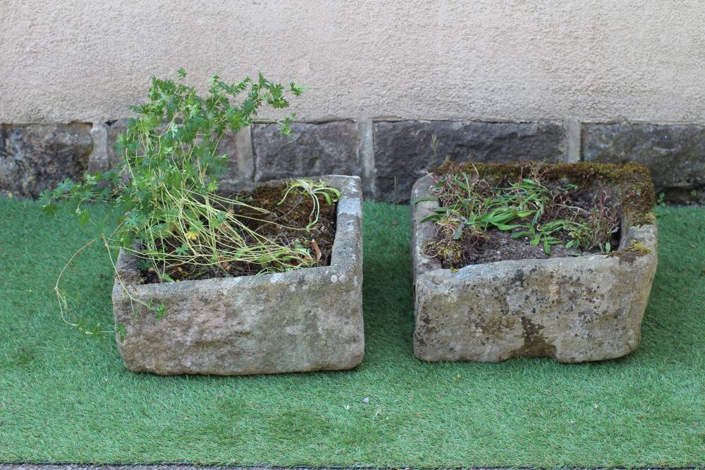 A SMALL SANDSTONE TROUGH of mildly irregular oblong form, 19/ 2" x 18 1/2" x 10", together with Image