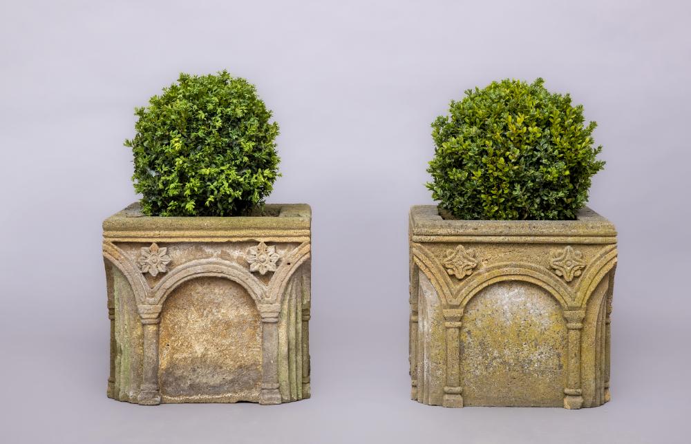A MATCHED PAIR OF GOTHIC SANDSTONE JARDINIERES of square form with moulded rim, the arcaded sides Image