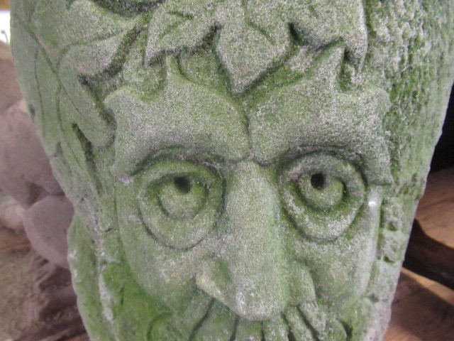 A CARVED SANDSTONE GREEN MAN MASK CORNER STONE, 10 1/4" X 17" (Illustrated) (Est. plus 24% premium Image